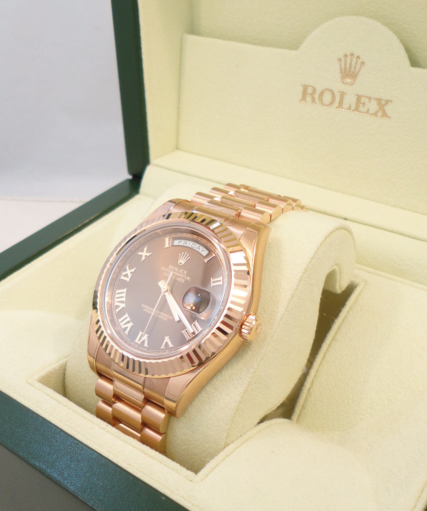 Rolex President Day-Date 41mm 218235 18K Rose Gold Chocolate Dial UNWORN FULLY STICKRED - Diamonds East Intl.