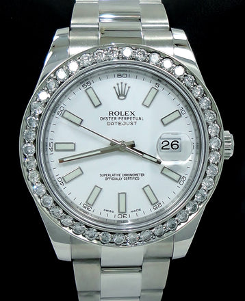 Rolex Datejust II 116300 41mm Oyster White Dial 2.35ct Diamond Bezel