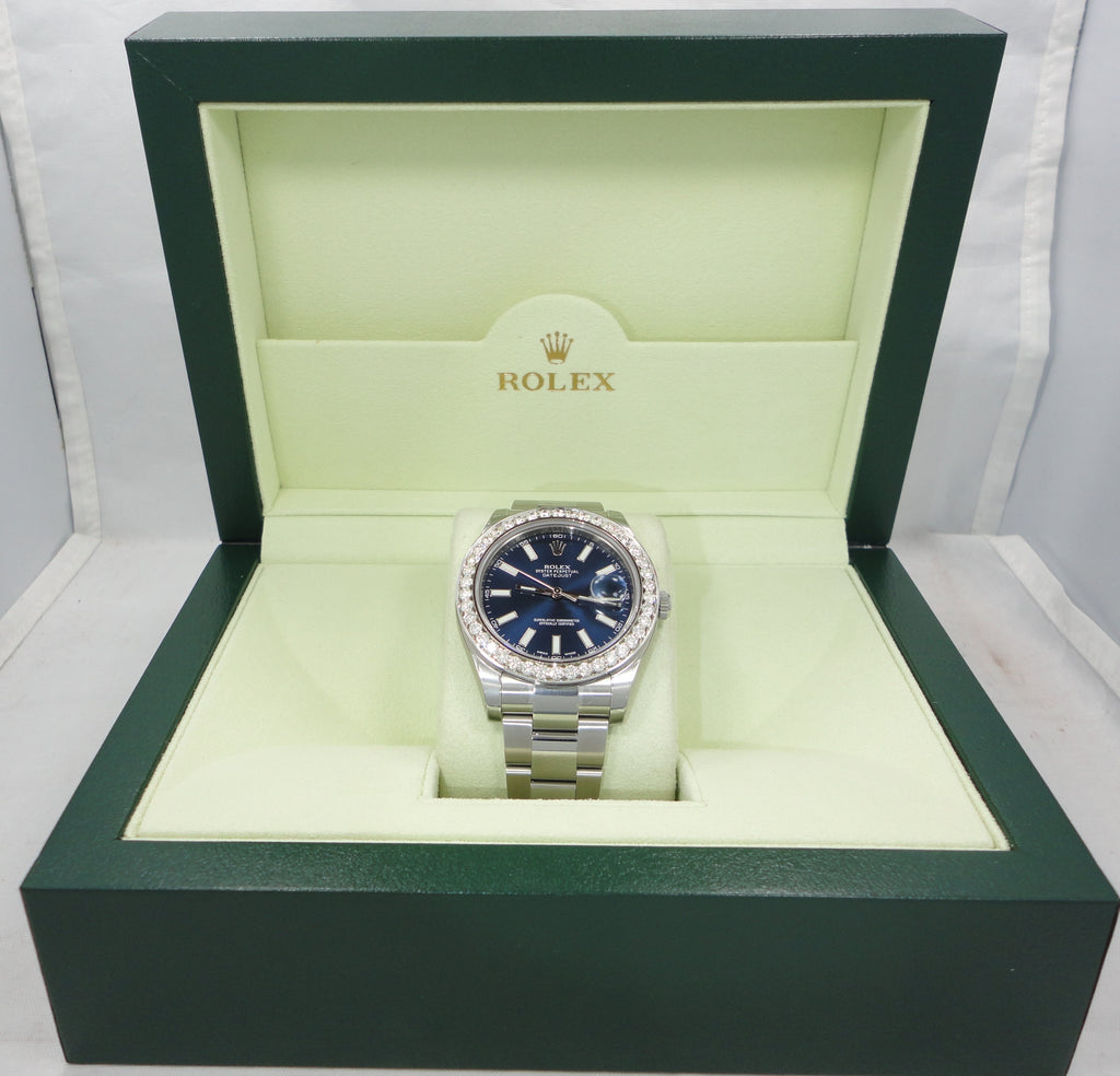 Rolex Datejust II 116300 3.25CT Diamonds Bezel Blue Dial Watch UNWORN STICKERS - Diamonds East Intl.
