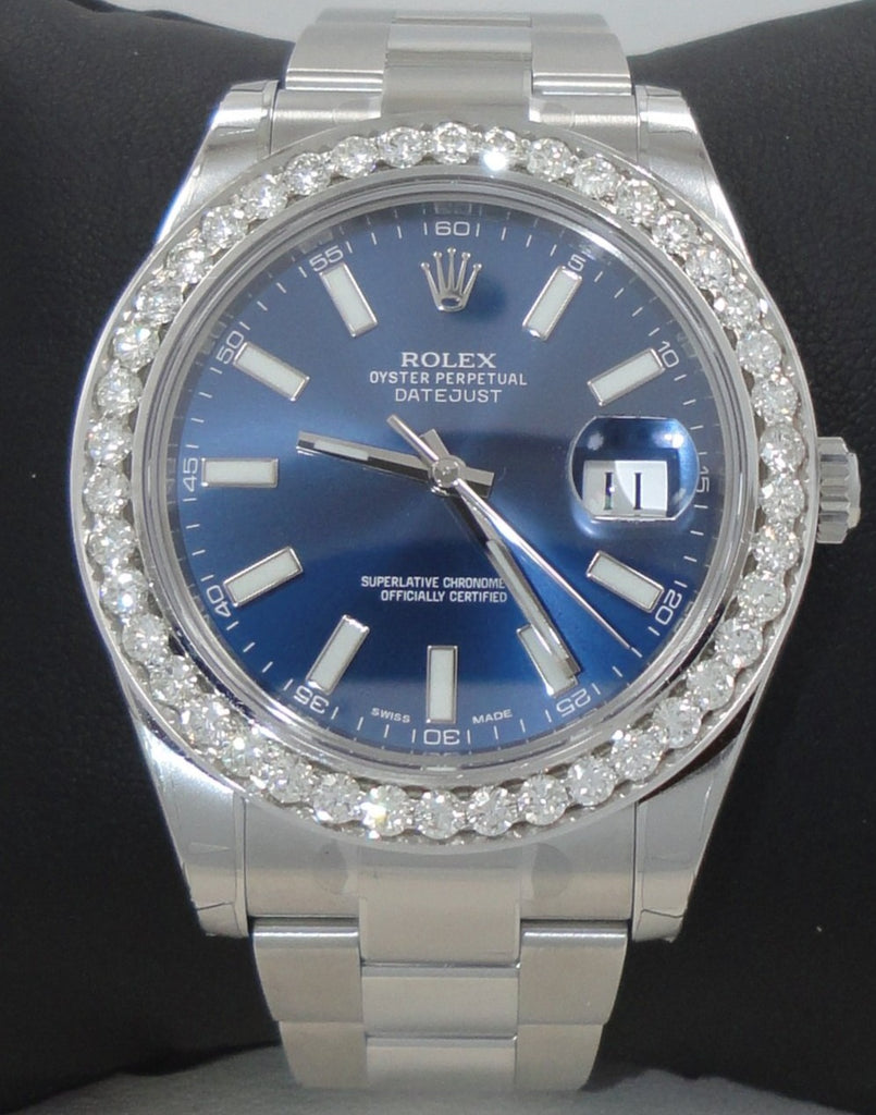 Rolex Datejust II 116300 3.25CT Diamonds Bezel Blue Dial Watch UNWORN STICKERS - Diamonds East Intl.