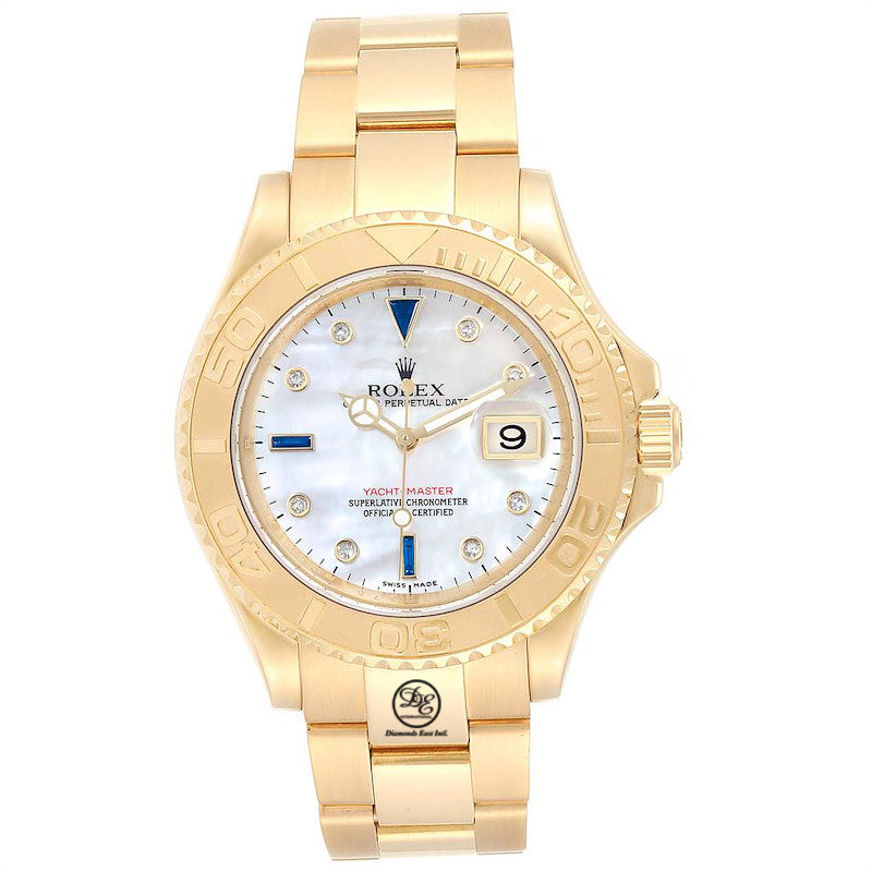 Rolex Yacht-master 40MM  16628 MOP Diamond Sapphire Serti Dial Yellow Gold Box and Papers - Diamonds East Intl.