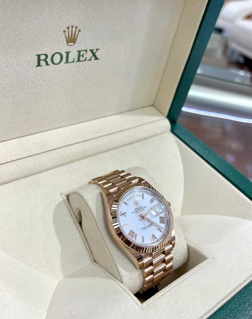 Rolex Day-Date President 40mm White Roman 228235 Rose Gold Box And Papers Preowned