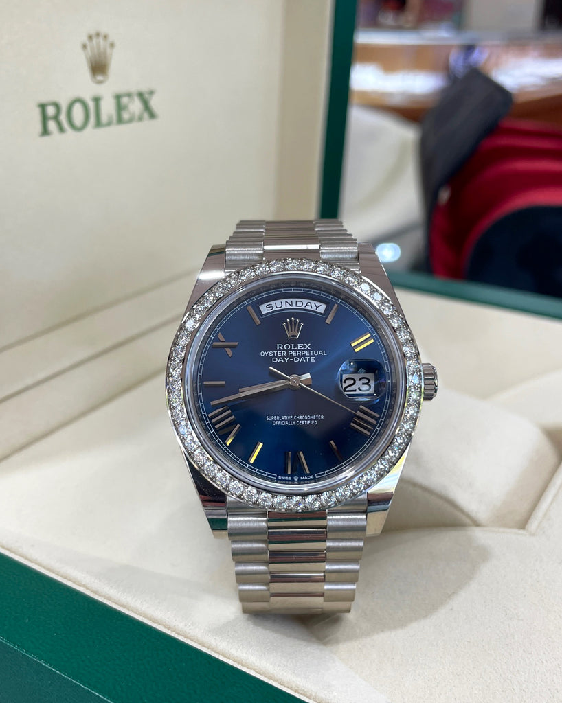 Rolex Oyster Perpetual Day-Date 40  228349RBR Blue Roman Factory Diamond Bezel UNWORN