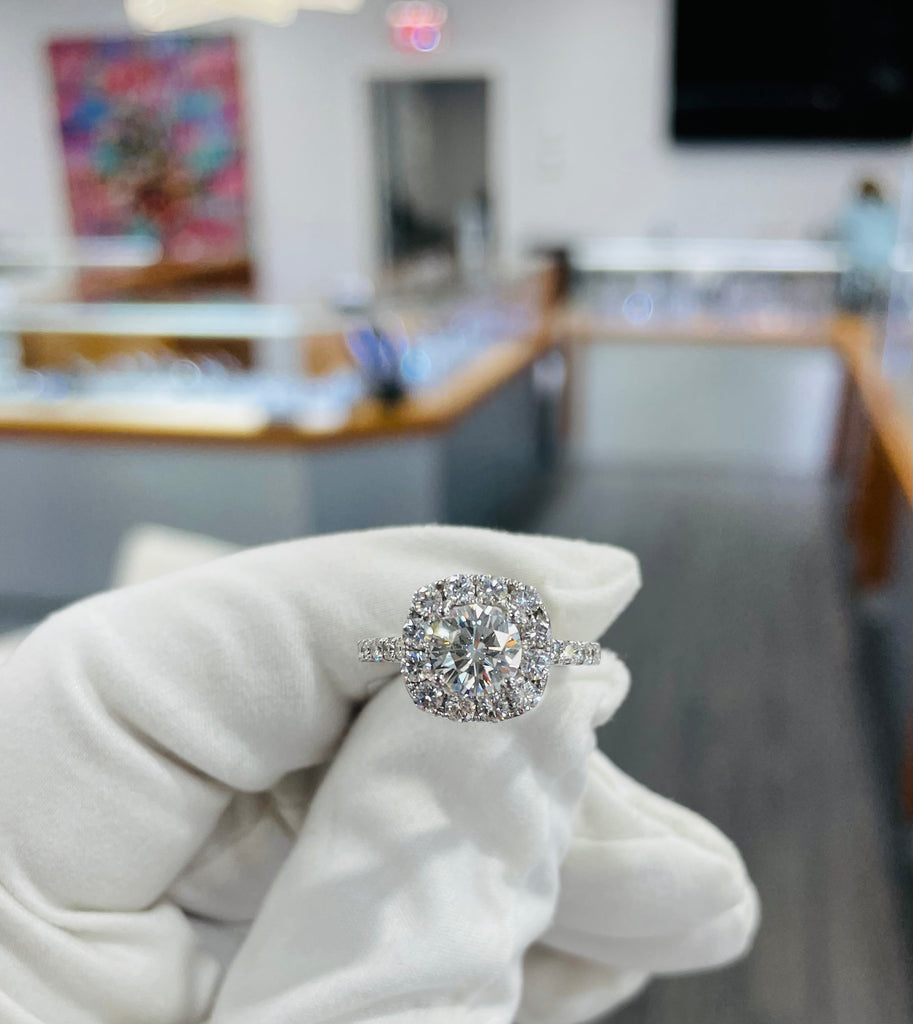 1.08ct Round Brilliant Diamond Set in Diamond Halo Engagement Ring GIA Certified - Diamonds East Intl.