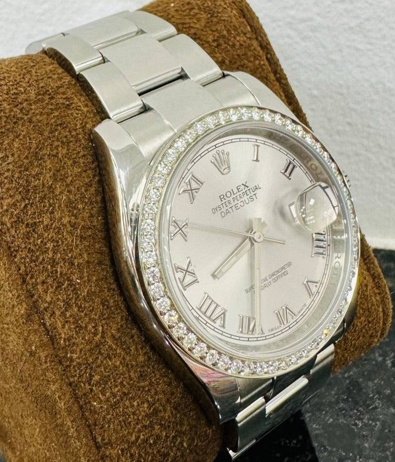Rolex Datejust 36 116200 Silver Roman Dial with Custom 1.50Ct Diamond Bezel PreOwned - Diamonds East Intl.