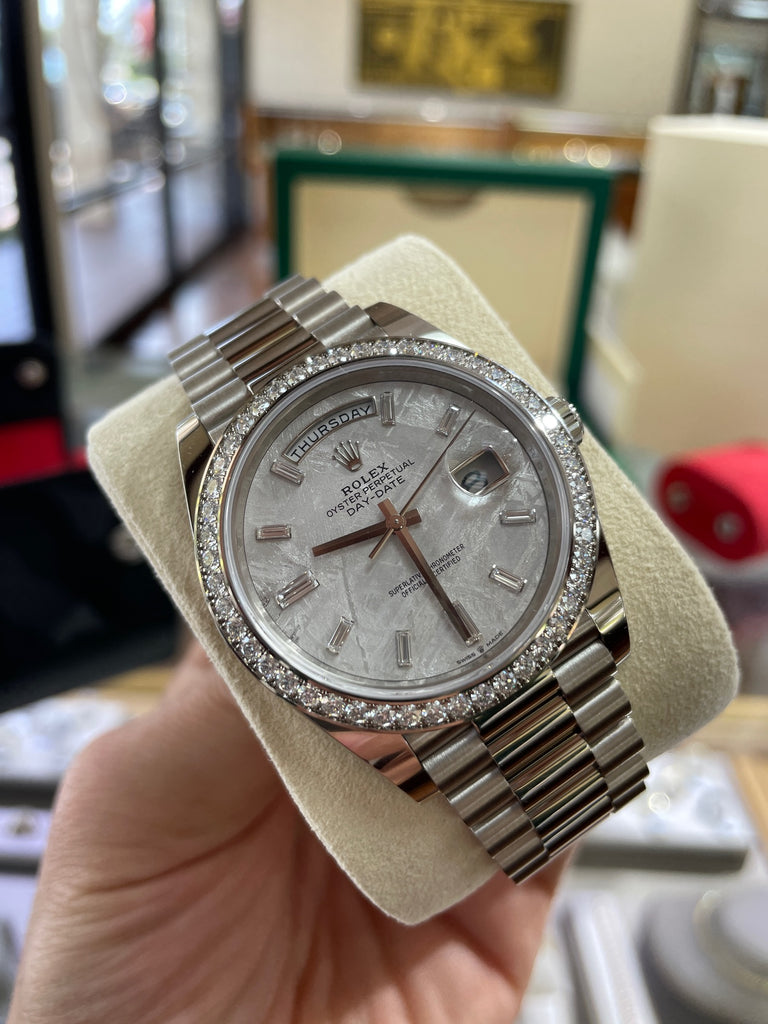 Rolex Day-Date 40 228349RBR White Gold Factory Diamond Bezel Factory Meteorite Dial Box and Papers Unworn - Diamonds East Intl.
