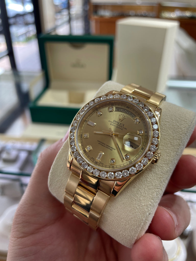 Rolex Day-Date 36 118238 Custom 3.5ct Diamond Bezel and Custom Champagne Diamond Dial Oyster PreOwned - Diamonds East Intl.