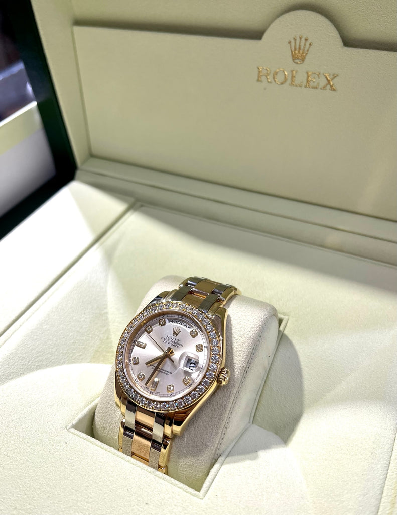 Rolex TriDor Day-Date 18948 Factory Silver Diamond and Baguette Dial Diamond Bezel Box/Papers - Diamonds East Intl.