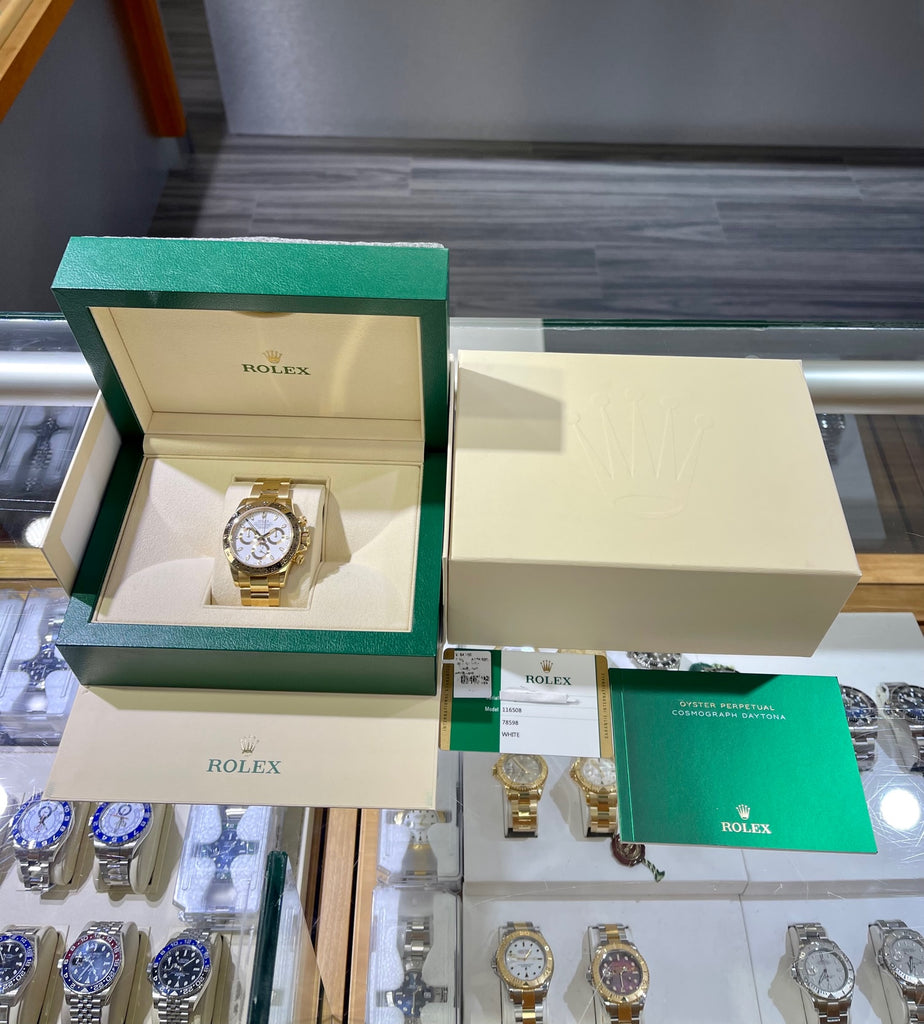 Rolex Daytona 116508 18K Yellow Gold White Dial Oyster Perpetual Cosmograph Box and Papers PreOwned