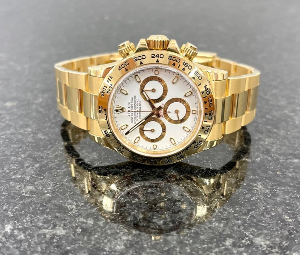 Rolex Daytona 116508 18K Yellow Gold White Dial Oyster Perpetual Cosmograph Box and Papers PreOwned