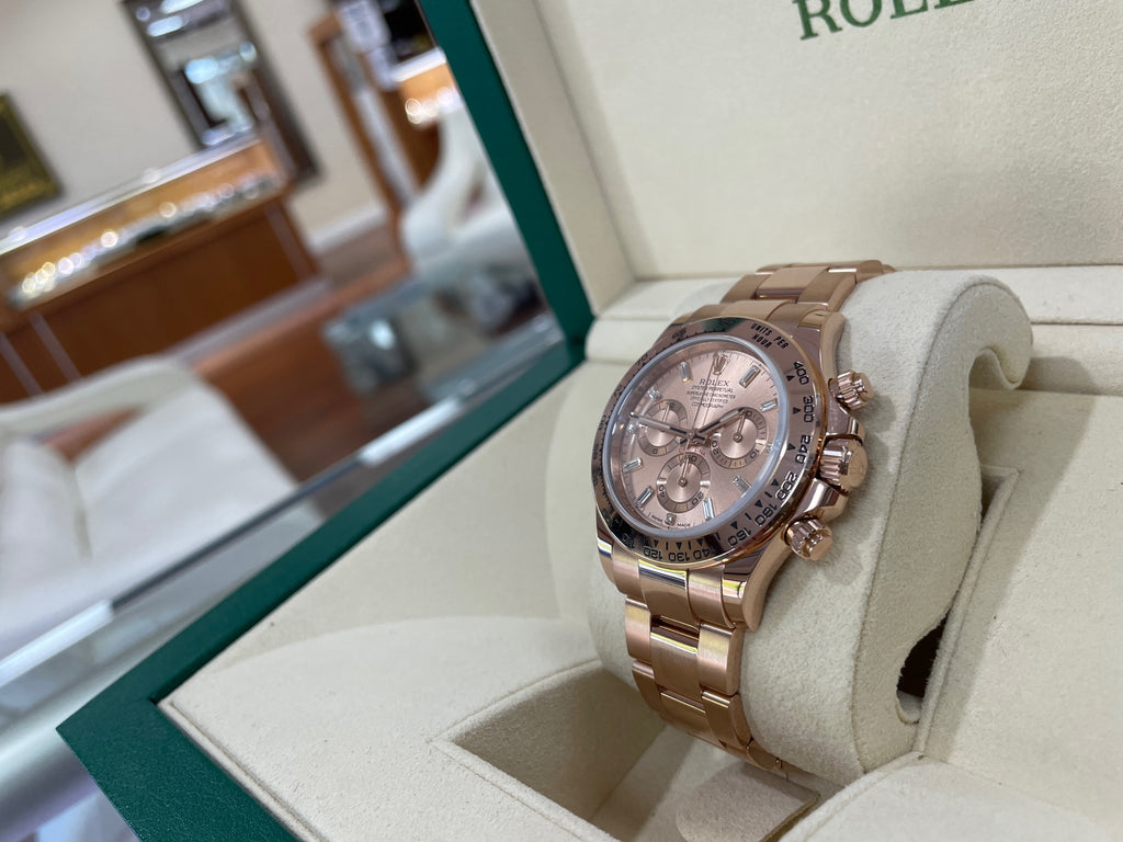 Rolex Cosmograph Daytona 40mm 116505 Factory Everose Gold Sundust Baguette Dial Box and Papers - Diamonds East Intl.