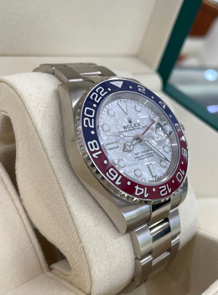 Rolex 126719BLRO GMT-Master II “Meteorite Dial” Pepsi Bezel 18k White Gold Box and Papers