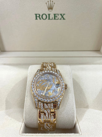Rolex Lady Datejust Pearlmaster 81158  Vine 18k Yellow Gold Mother of Pearl Ladies Watch Factory Diamond Bezel and Factory Diamond Vine Box and Papers Unworn - Diamonds East Intl.