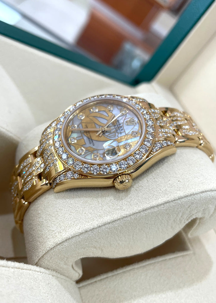 Rolex Lady Datejust Pearlmaster 81158  Vine 18k Yellow Gold Mother of Pearl Ladies Watch Factory Diamond Bezel and Factory Diamond Vine Box and Papers Unworn - Diamonds East Intl.