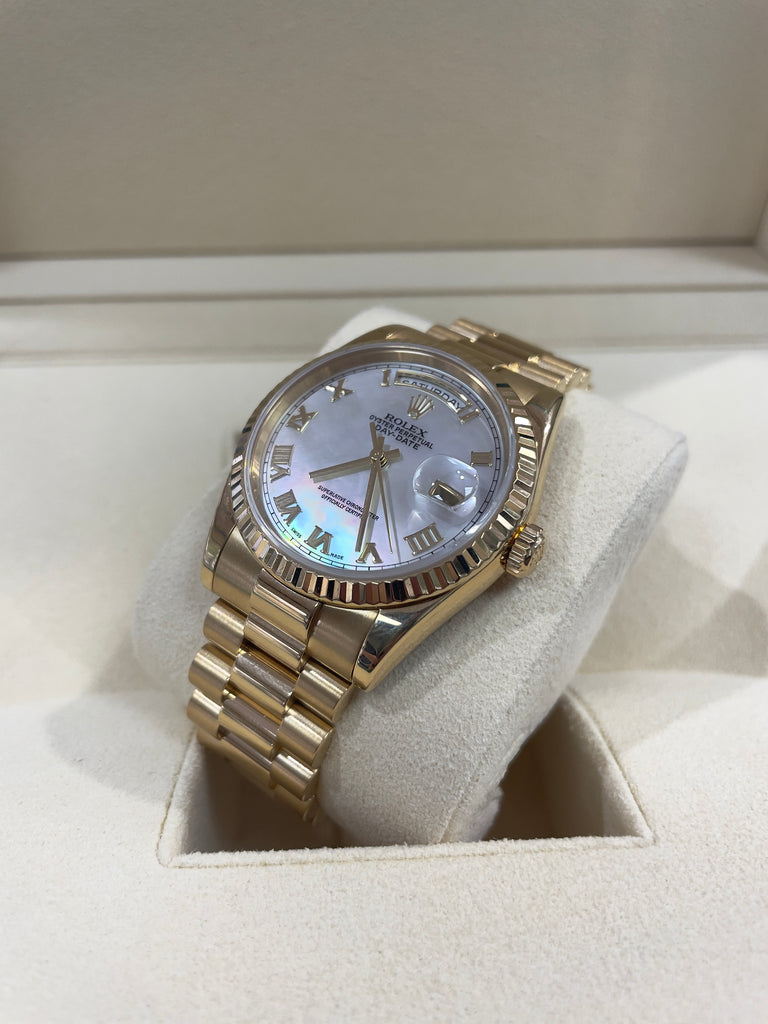 Rolex Day-Date President 118238 Yellow Gold Factory Original Mother of Pearl Gold Roman Dial Box and Papers PreOwned - Diamonds East Intl.
