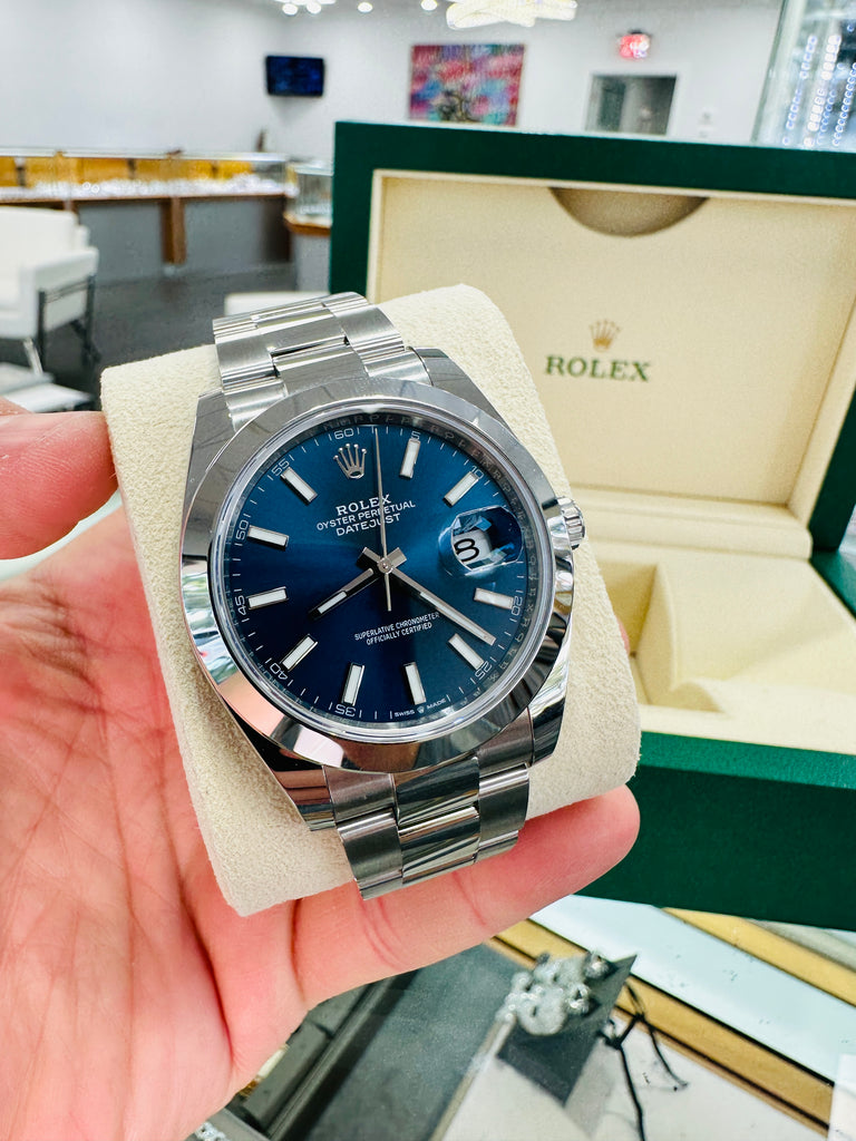 Rolex Datejust 41mm 126300 Blue Stick Dial Smooth Bezel Box  and Papers Unworn - Diamonds East Intl.