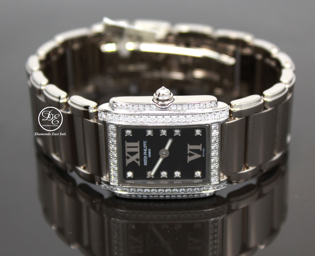 Patek Philippe Twenty 4 4908/200G Factory Diamonds Black Dial 18K White Gold Watch - Diamonds East Intl.