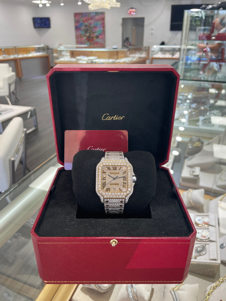 Cartier Santos De Cartier Large 18k Yellow Gold & Steel W2SA0009 Full Custom Diamond Set - Diamonds East Intl.