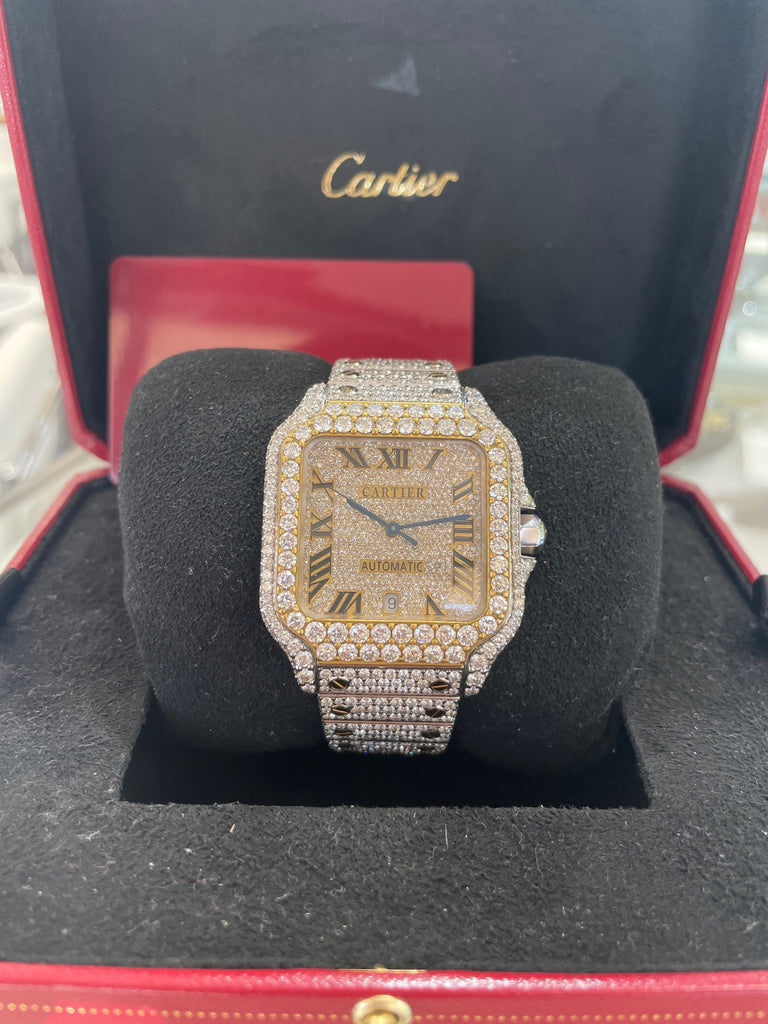 Cartier Santos De Cartier Large 18k Yellow Gold & Steel W2SA0009 Full Custom Diamond Set - Diamonds East Intl.