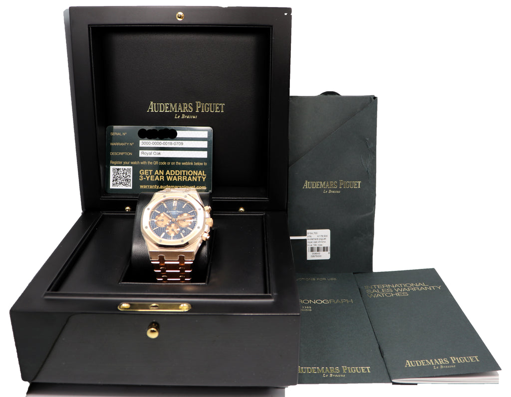 Audemars Piguet Royal Oak 41mm Blue Chronograph 18K Rose Gold 26331OR.OO.1220OR.01 BOX/PAPERS - Diamonds East Intl.