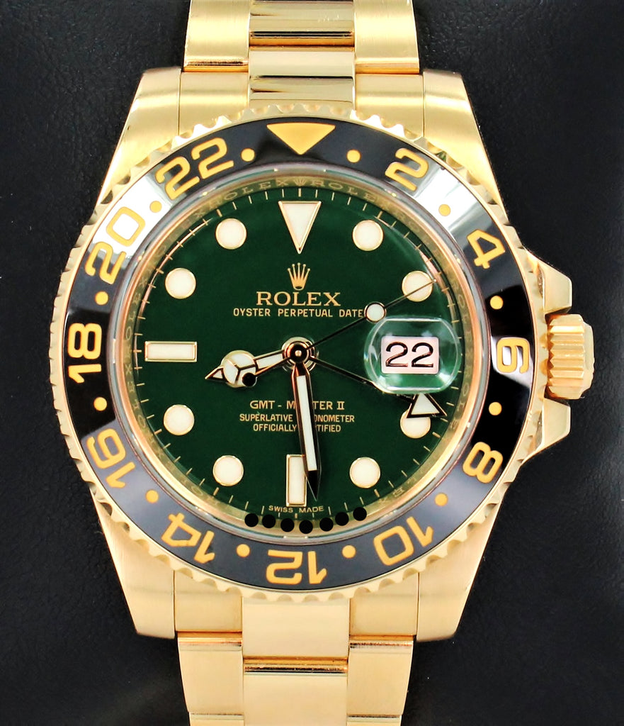 Rolex Gmt Master II Yellow Gold Green Dial 116718LN Box and Papers
