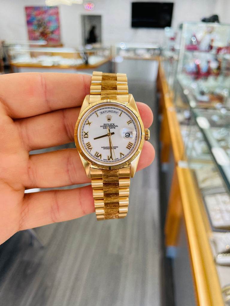 Rolex Day Date 36 18248 Factory Bark Finish White Roman Box and Papers PreOwned - Diamonds East Intl.