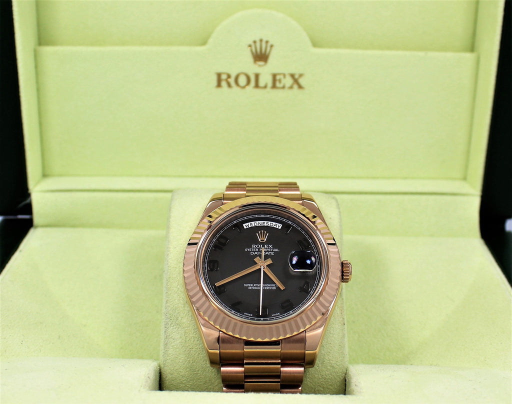 Rolex President Day-Date II 18K Rose Gold 41mm 218235 Black Concentric Dial - Diamonds East Intl.