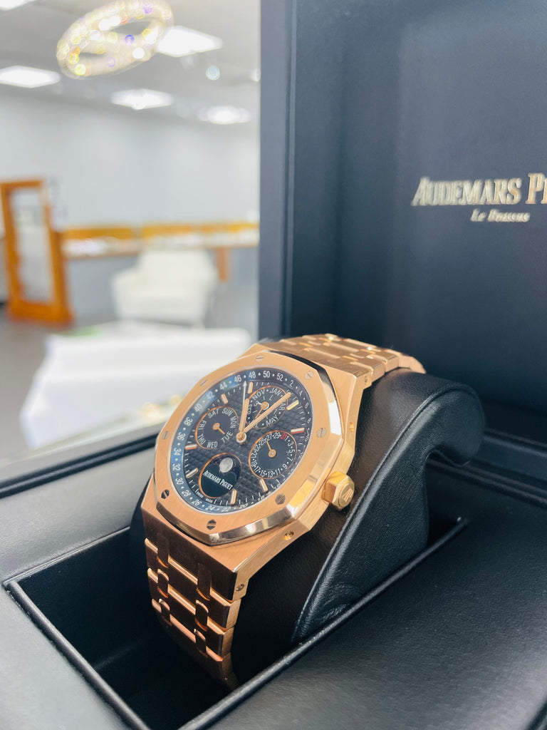 Audemars Piguet Royal Oak Perpetual Calendar Rose Gold Blue Dial Moonphase 26574OR.OO.1220OR.02 Box and Papers Mint Condition PreOwned - Diamonds East Intl.