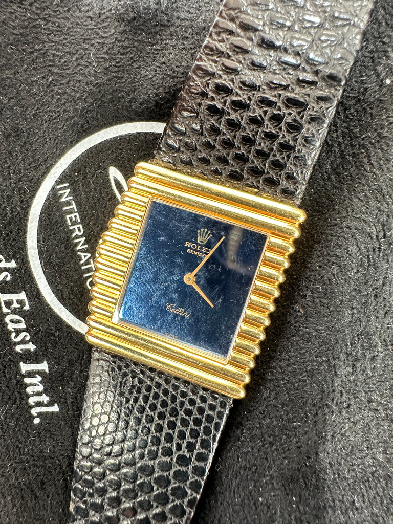 Rolex Cellini 4015 Right-Hand 18kt Gold Blue Dial - Diamonds East Intl.