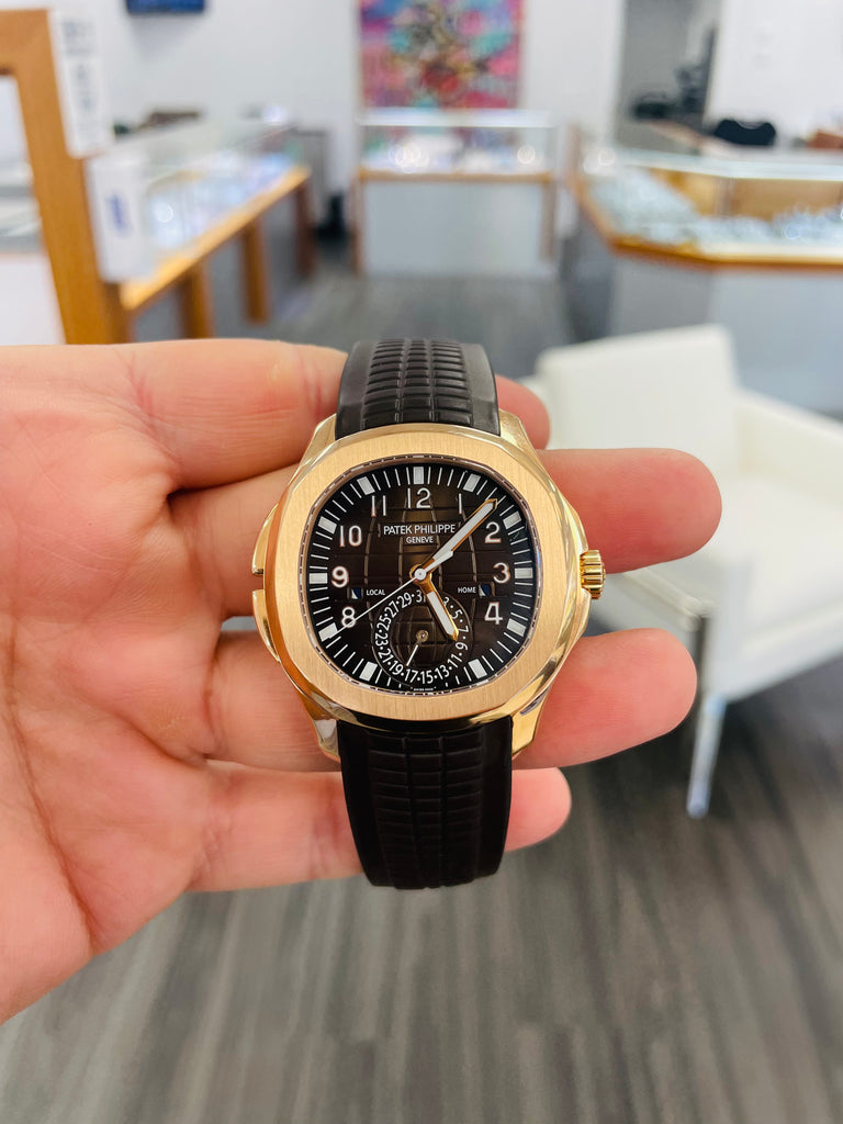 Patek Philippe Aquanaut 5164R Travel Time Brown Dial 18K Rose Gold Box & Papers PreOwned - Diamonds East Intl.