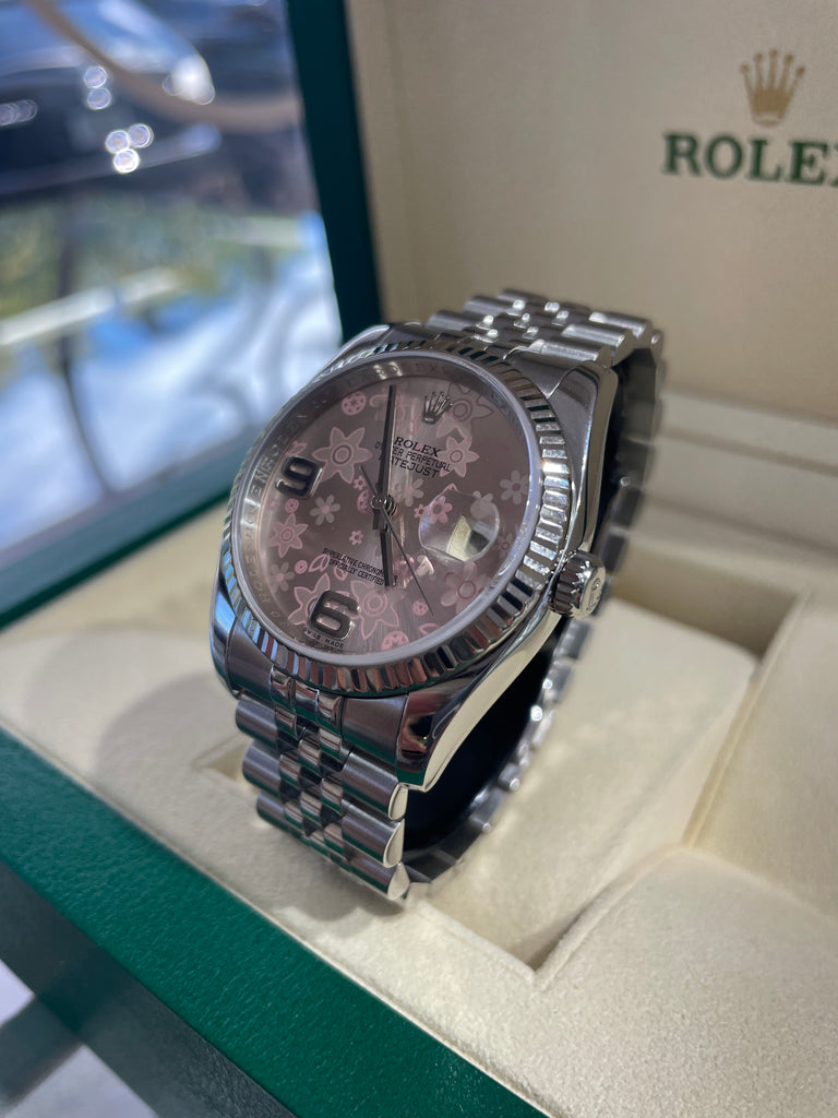 Rolex Date just  116234 Factory Pink Flower Jubilee Fluted Box and Papers PreOwned - Diamonds East Intl.