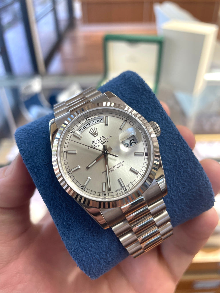 Rolex 118239 Day Date 18K White Gold 36 mm Silver Stick Dial Box