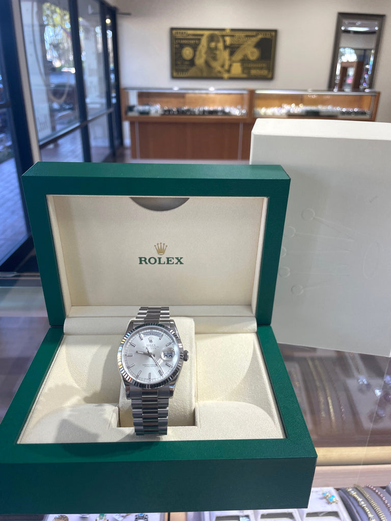 Rolex 118239 Day Date 18K White Gold 36 mm Silver Stick Dial Box and Papers UNWORN 