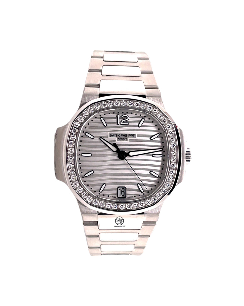 Patek Philippe Nautilus Steel Ladies' Nautilus Steel Silver Wave Dial Factory Diamond Bezel 7018/1A-001 Box and Papers PreOwned - Diamonds East Intl.