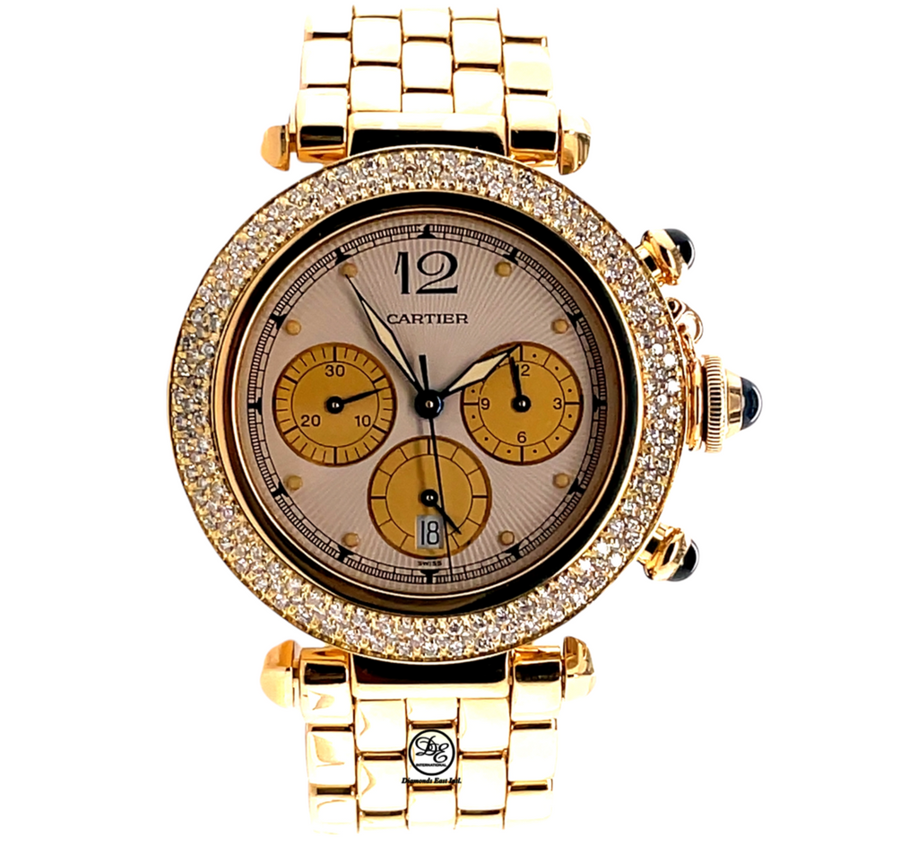 Cartier Pasha Chronograph 30009 Full 18k Yellow Gold Custom Diamond Bezel PreOwned - Diamonds East Intl.