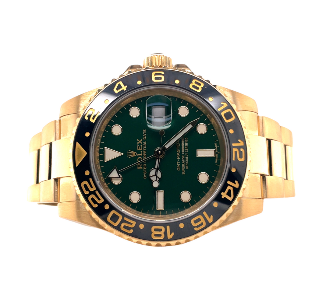 Rolex Gmt Master II Yellow Gold Green Dial 116718LN Box and Papers PreOwned Diamonds East Intl