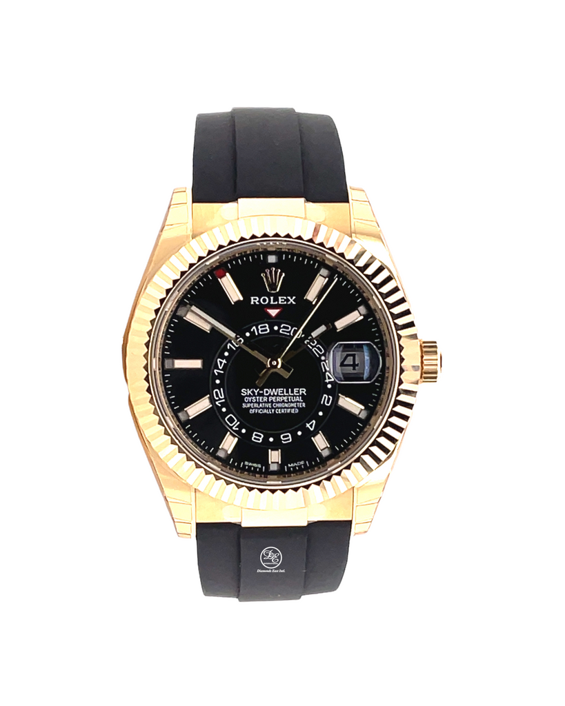 Rolex Sky-Dweller 326238 Yellow Gold Black Dial Oyster Flex Box and Papers Unworn - Diamonds East Intl.
