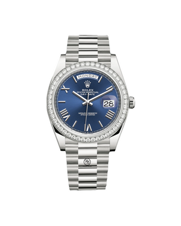 Rolex Oyster Perpetual Day-Date 40  228349RBR Blue Roman Factory Diamond Bezel Box and Papers - Diamonds East Intl.
