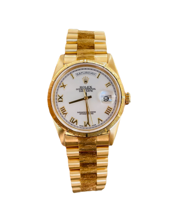 Rolex Day Date 36 18248 Factory Bark Finish White Roman Box and Papers PreOwned - Diamonds East Intl.