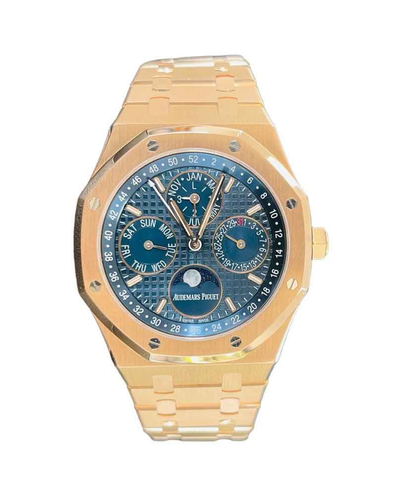 Audemars Piguet Royal Oak Perpetual Calendar Rose Gold Blue Dial Moonphase 26574OR.OO.1220OR.02 Box and Papers Mint Condition PreOwned - Diamonds East Intl.
