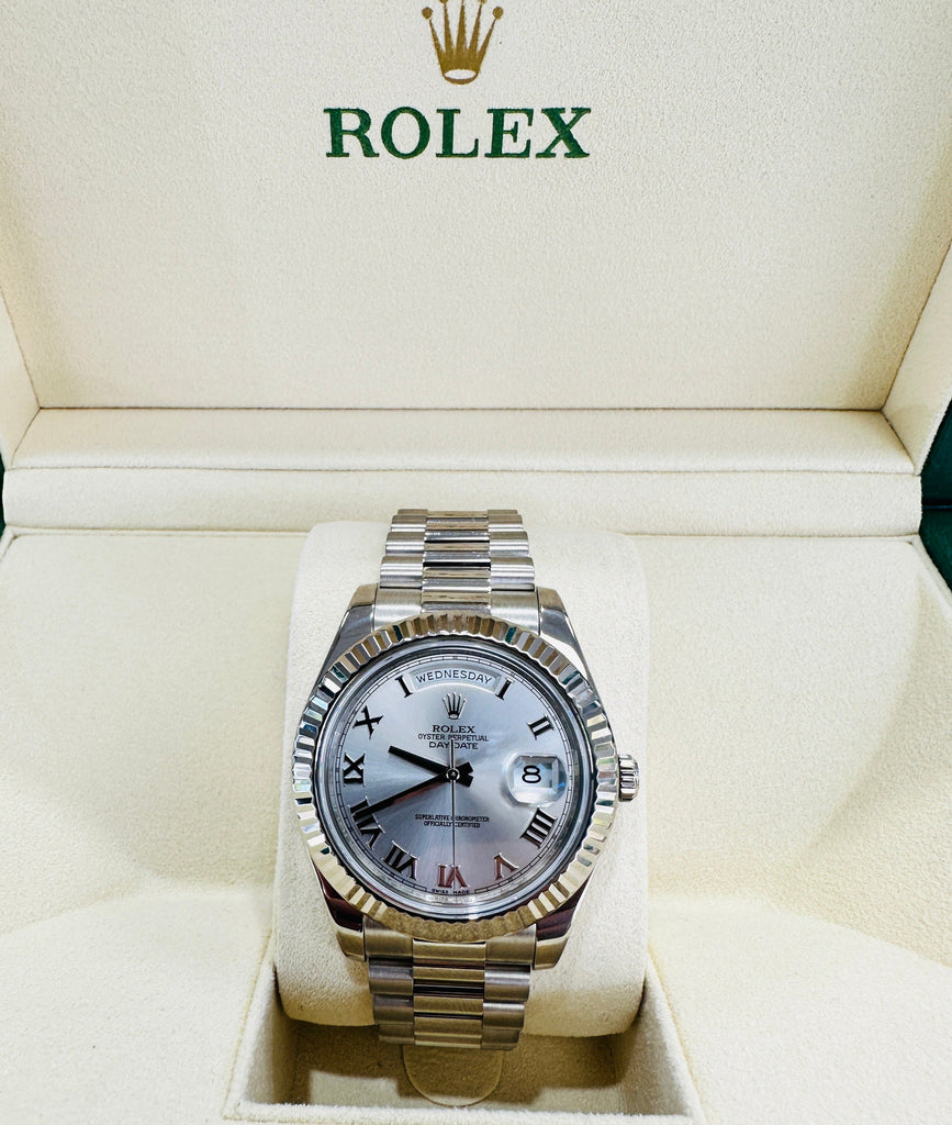 Rolex Day-Date II 41 President Day-Date II White Gold Silver Roman Dial 218239 Box & Papers