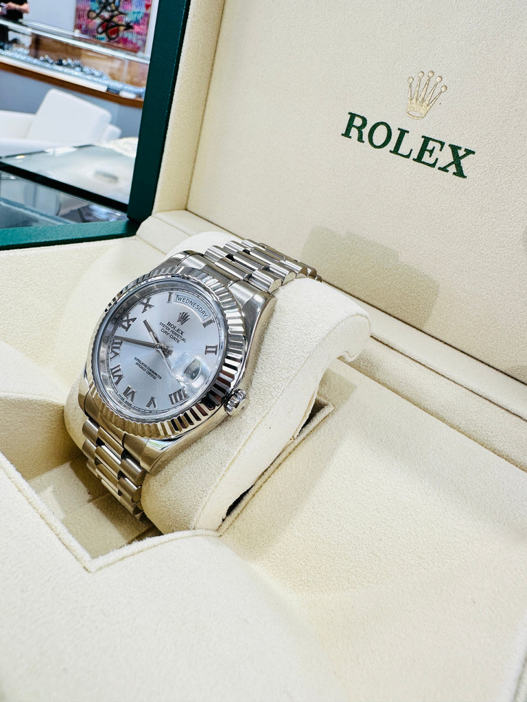 Rolex Day-Date II 41 President Day-Date II White Gold Silver Roman Dial 218239 Box & Papers - Diamonds East Intl.