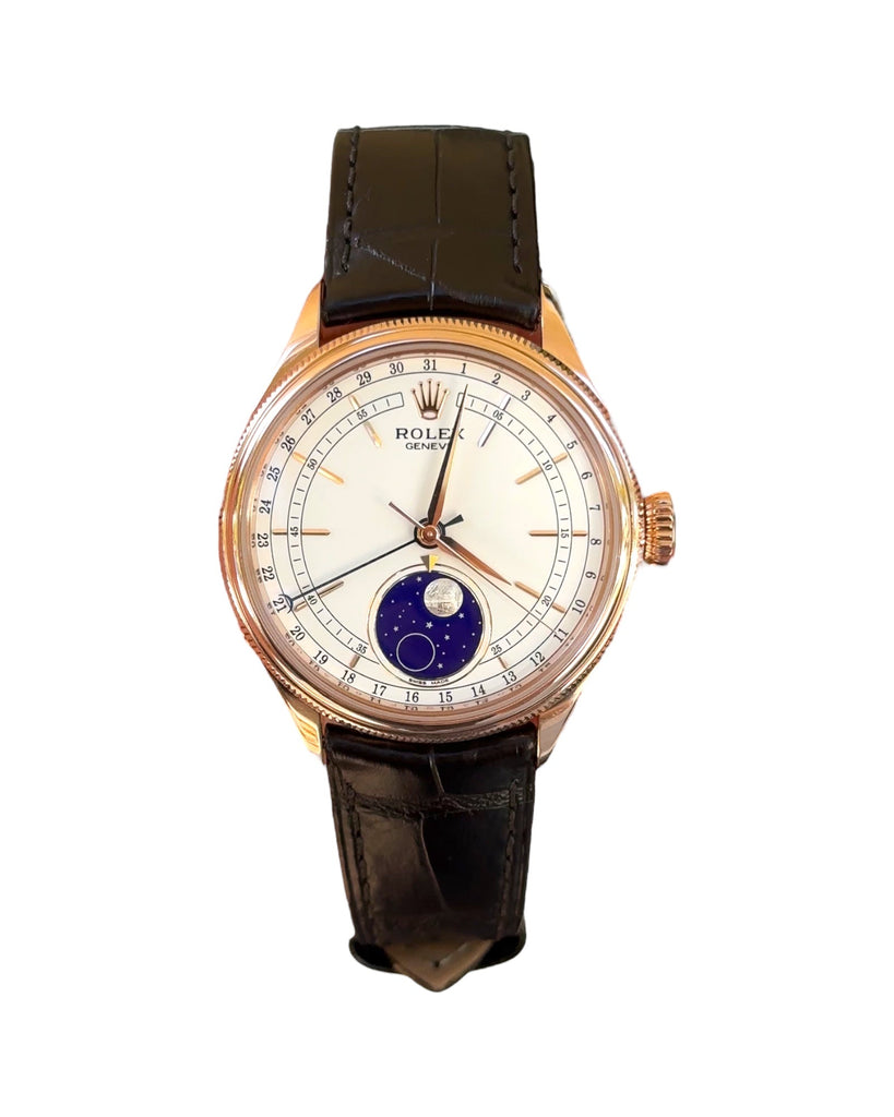 Rolex Cellini Moonphase 50535 18ct Everose Gold Brown Leather Strap Box Papers | Diamonds East Intl.
