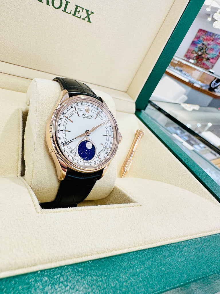 Rolex Cellini Moonphase 50535 18ct Everose Gold Brown Leather Strap Box Papers | Diamonds East Intl.