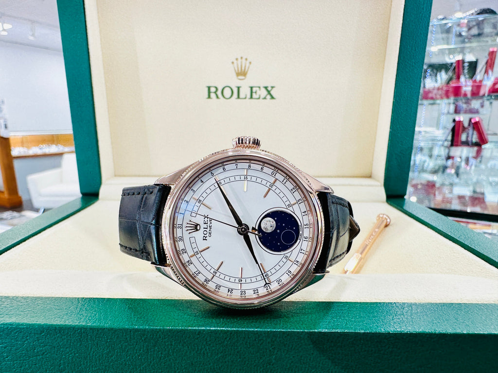 Rolex Cellini Moonphase 50535 18ct Everose Brown Leather Strap Box Papers | Diamonds East Intl.