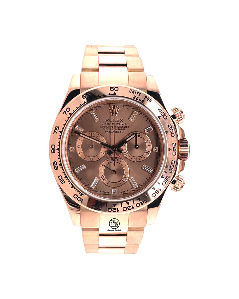 Rolex Cosmograph Daytona 40mm 116505 Factory Everose Gold Sundust Baguette Dial Box and Papers - Diamonds East Intl.
