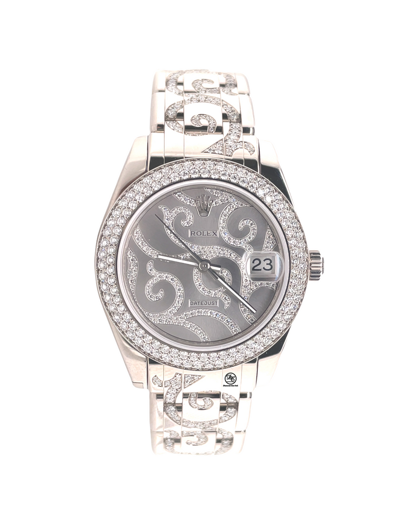 Rolex Date-Just Pearl Master 81339 34 Factory Diamond Pave Vine Box and Papers Unworn - Diamonds East Intl.