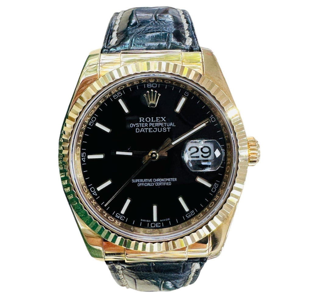 Rolex Datejust 36 116138 Yellow Gold Black Dial with 18k Deployment PreOwned Box & Papers - Diamonds East Intl.
