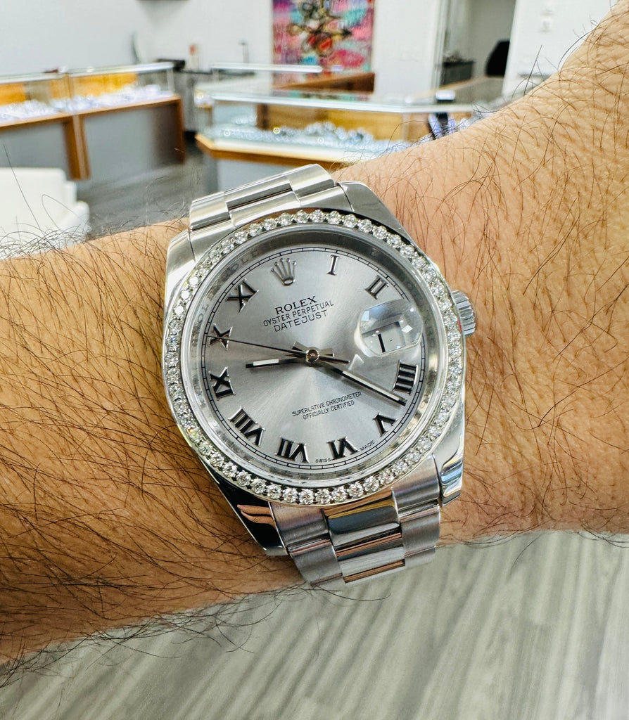 Rolex Datejust 36 116200 Silver Roman Dial with Custom 1.50Ct Diamond Bezel PreOwned
