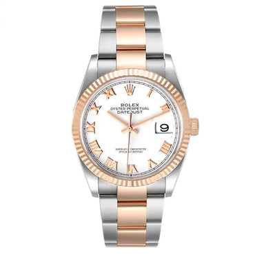 Rolex Datejust 36 mm Stainless Steel and Rose Gold 126231 White Roman Oyster Box and Papers - Diamonds East Intl.